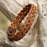 Braided leather wristband bracelet, 'Braided Paths in Light Brown'