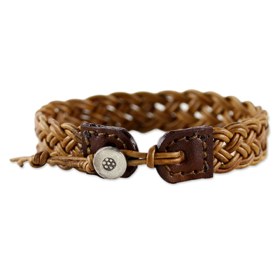 Braided leather wristband bracelet, 'Braided Paths in Light Brown' - Light Brown Leather Braided Bracelet from Thailand