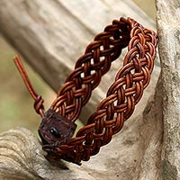 Braided leather wristband bracelet, 'Braided Paths in Brown'