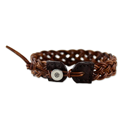 Braided leather wristband bracelet, 'Braided Paths in Brown' - Brown Leather Braided Bracelet from Thailand