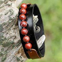 Men's jasper and leather wristband bracelet, 'Rock Party in Red' - Men's Jasper and Leather Wristband Bracelet from Thailand