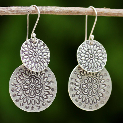 Silver dangle earrings, 'Karen Sunflowers' - Handmade Karen Silver Dangle Earrings from Thailand