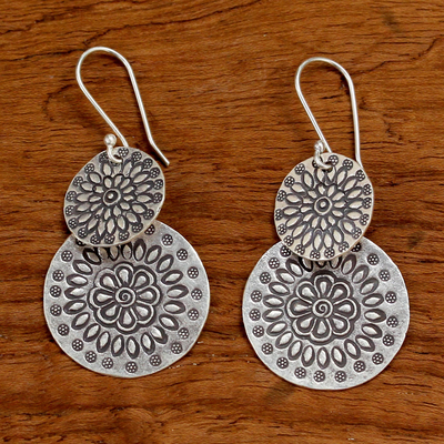 Silver dangle earrings, 'Karen Sunflowers' - Handmade Karen Silver Dangle Earrings from Thailand