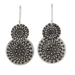 Silver dangle earrings, 'Karen Sunflowers' - Handmade Karen Silver Dangle Earrings from Thailand