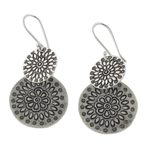 Silver dangle earrings, 'Karen Sunflowers' - Handmade Karen Silver Dangle Earrings from Thailand
