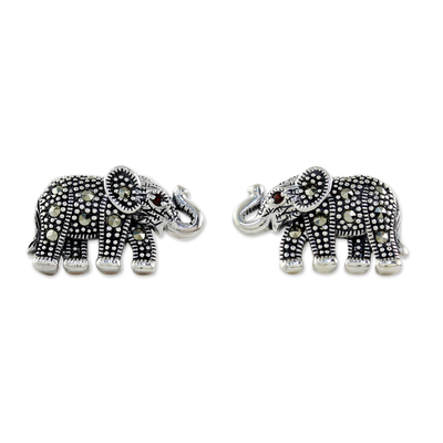 Garnet and marcasite button earrings, 'Glistening Elephants' - Marcasite and Garnet Elephant Button Earrings from Thailand