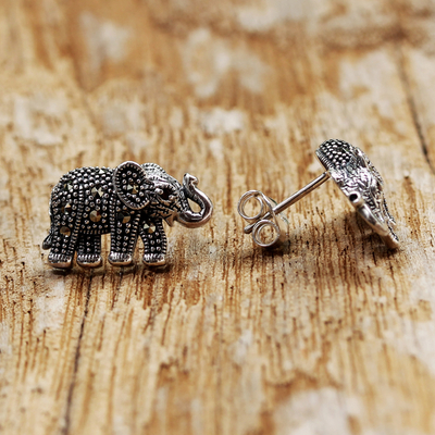 Garnet and marcasite button earrings, 'Glittering Elephants' - Marcasite and Garnet Elephant Button Earrings from Thailand