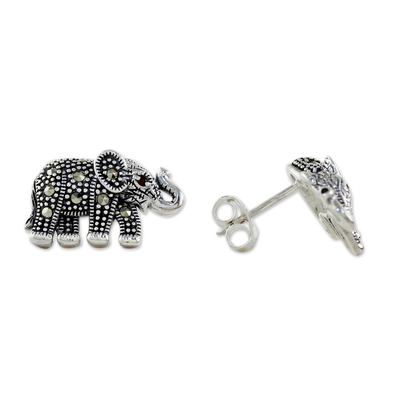 Garnet and marcasite button earrings, 'Glittering Elephants' - Marcasite and Garnet Elephant Button Earrings from Thailand