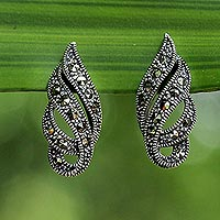 Marcasite and Sterling Silver Button Earrings from Thailand,'Glistening Ribbons'