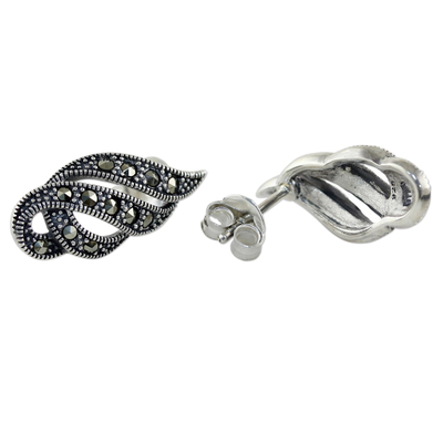 Marcasite button earrings, 'Glistening Ribbons' - Marcasite and Sterling Silver Button Earrings from Thailand