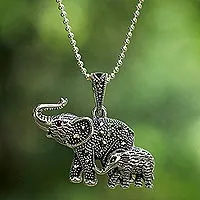 Garnet and marcasite pendant necklace, 'Glittering Elephants'