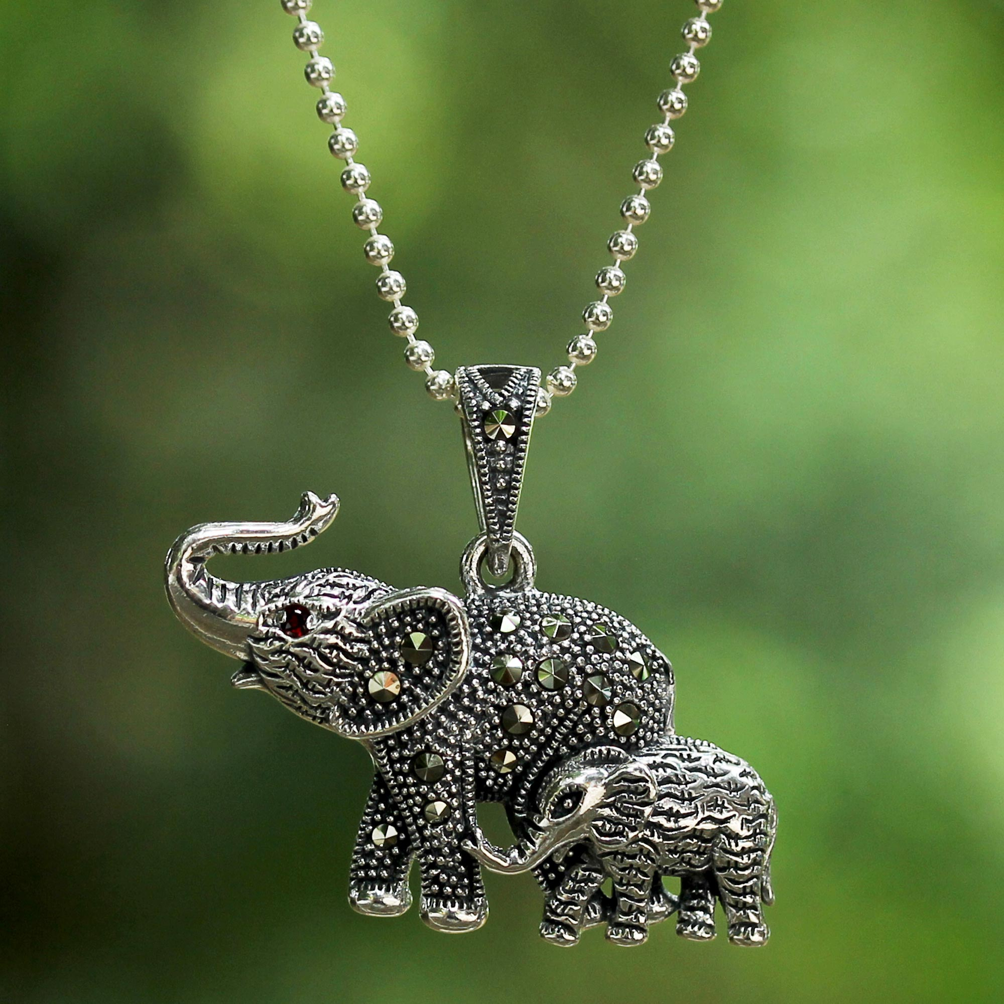 Garnet and Marcasite Elephant Pendant Necklace from Thailand, 'Glistening  Elephants'