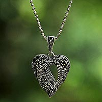 Marcasite pendant necklace, 'Natural Heart'