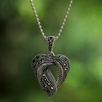 Marcasite pendant necklace, 'Natural Heart' - Marcasite Leaf Pendant Necklace from Thailand
