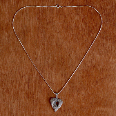 Marcasite pendant necklace, 'Natural Heart' - Marcasite Leaf Pendant Necklace from Thailand