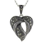 Marcasite pendant necklace, 'Natural Heart' - Marcasite Leaf Pendant Necklace from Thailand