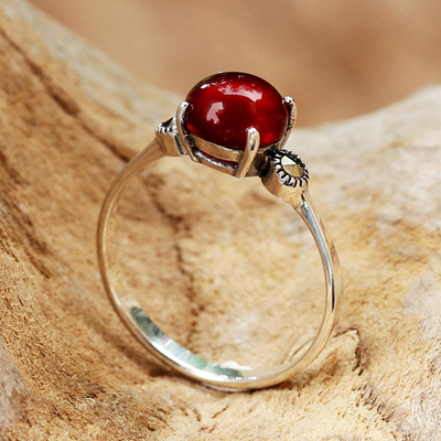 Chalcedony and marcasite cocktail ring, 'Red Bubble' - Chalcedony and Marcasite Cocktail Ring from Thailand