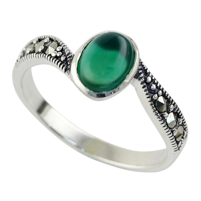 Green Onyx and Marcasite Cocktail Ring from Thailand