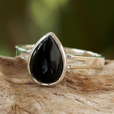 Onyx cocktail ring, 'Darkest Rain' - Onyx and Sterling Silver Cocktail Ring from Thailand