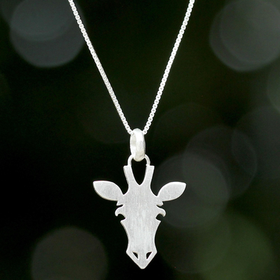 Sterling silver pendant necklace, 'Adorable Giraffe' - Modern Sterling Silver Giraffe Face Pendant Necklace