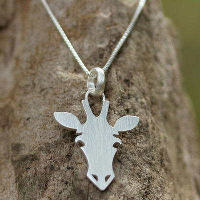 Sterling silver pendant necklace, 'Adorable Giraffe' - Modern Sterling Silver Giraffe Face Pendant Necklace