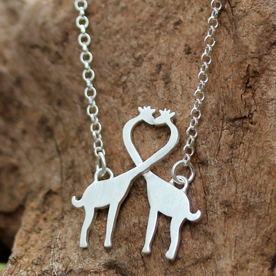 Sterling silver pendant necklace, 'Giraffe Kisses' - Sterling Silver Giraffe Kiss Pendant Necklace from Thailand