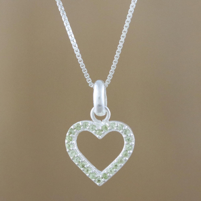 Peridot pendant necklace, 'Happy Heart in Love' - Thai Sterling Silver and Peridot Heart Pendant Necklace