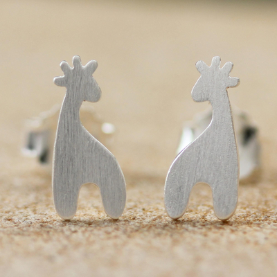 Sterling silver button earrings, Happy Giraffes