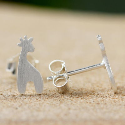 Sterling silver button earrings, 'Happy Giraffes' - Sterling Silver Giraffe Button Earrings from Thailand