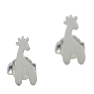 Sterling silver button earrings, 'Happy Giraffes' - Sterling Silver Giraffe Button Earrings from Thailand