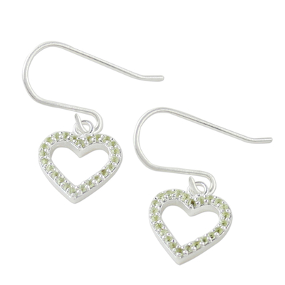 Peridot dangle earrings, 'Happy Hearts in Love' - Peridot and Sterling Silver Heart Earrings from Thailand