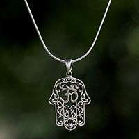 Sterling silver pendant necklace, 'Hamsa Om' - Sterling Silver Om Hamsa Pendant Necklace from Thailand