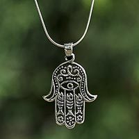 Sterling silver pendant necklace, 'Hamsa Charm' - Handcrafted Thai Sterling Silver Hamsa Pendant Necklace