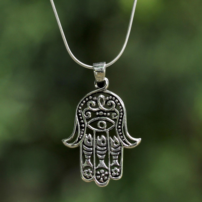 Sterling silver pendant necklace, 'Hamsa Charm' - Handcrafted Thai Sterling Silver Hamsa Pendant Necklace