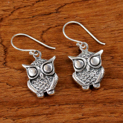 Sterling silver dangle earrings, 'Owl Companion' - Sterling Silver Owl Dangle Earrings from Thailand