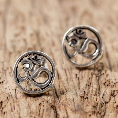 Sterling silver stud earrings, 'Om Harmony' - Sterling Silver Circular Om Stud Earrings from Thailand
