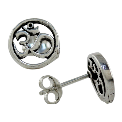 Sterling silver stud earrings, 'Om Harmony' - Sterling Silver Circular Om Stud Earrings from Thailand