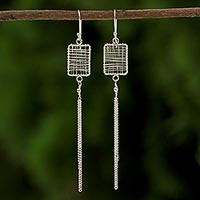 Sterling silver dangle earrings, 'Chiang Mai Welcome' - Sterling Silver Rectangular Wire Motif Dangle Earrings