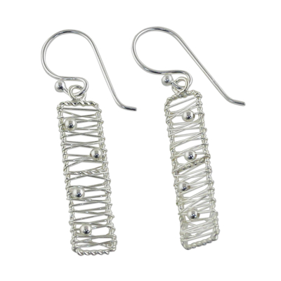 Sterling silver dangle earrings, 'Chiang Mai River' - Sterling Silver Rectangular Wire Thai Dangle Earrings