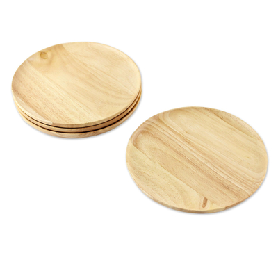 Small wood plates, 'Natural Light Discs' (set of 4) - 4 Artisan Crafted Wood Plates Hand Carved in Thailand