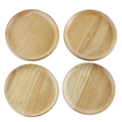 Platos de postre de madera (juego de 4) - Cuatro platos de postre o fiesta de madera de caucho de Tailandia