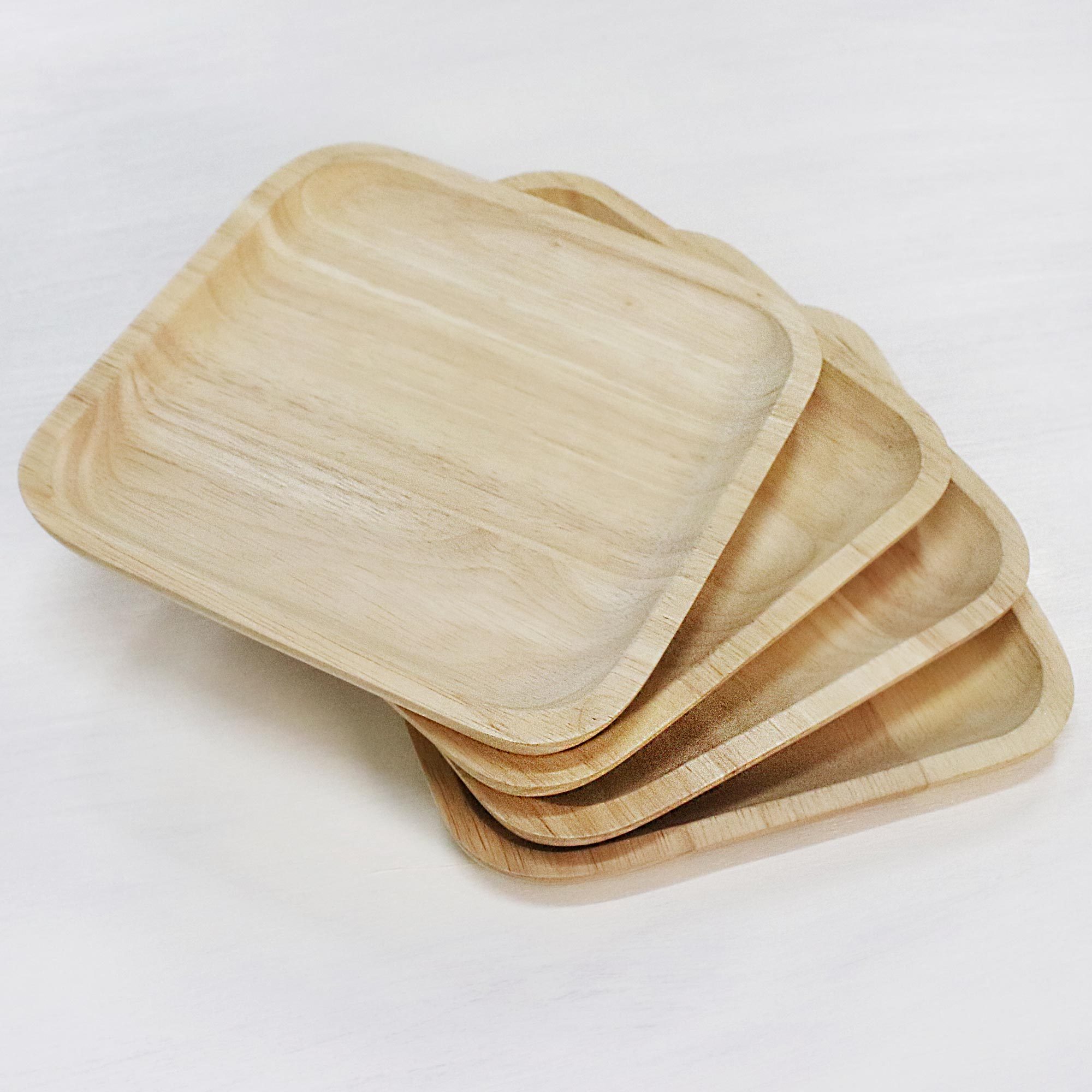 4 Artisan Crafted Wood Square Plates Hand Carved in Thailand Natural