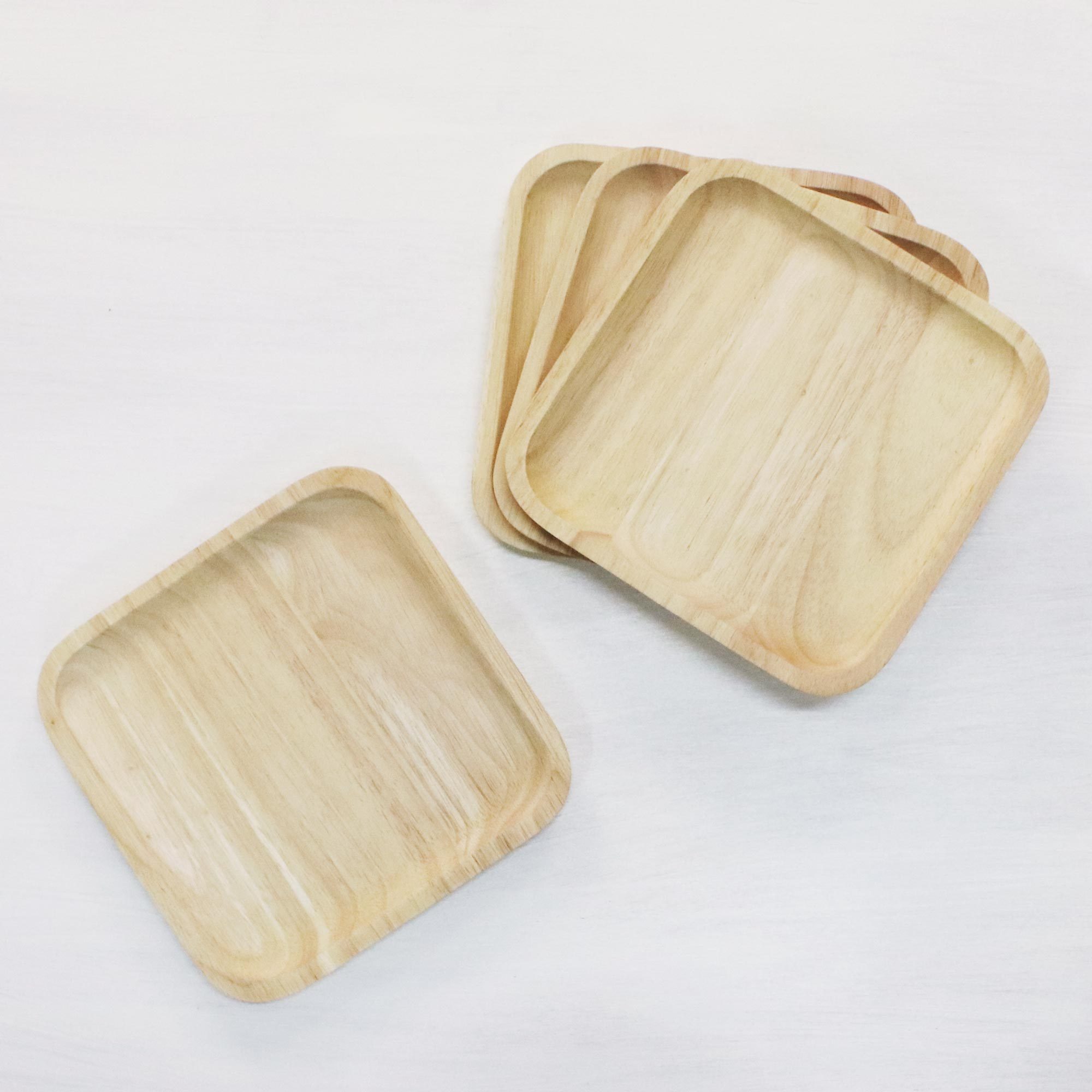 4 Artisan Crafted Wood Square Plates Hand Carved in Thailand Natural