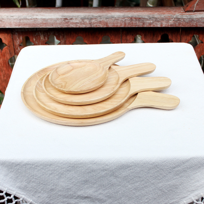 Platos de madera para servir (juego de 4) - 4 platos de madera artesanales tallados a mano en Tailandia