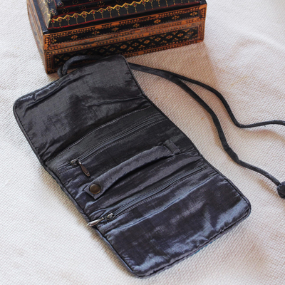 Silk blend jewelry roll, 'Happy Travels in Black' - Handwoven Silk and Rayon Jewelry Roll from Thailand