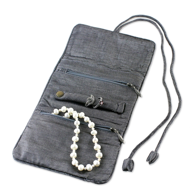Silk blend jewelry roll, 'Happy Travels in Black' - Handwoven Silk and Rayon Jewelry Roll from Thailand