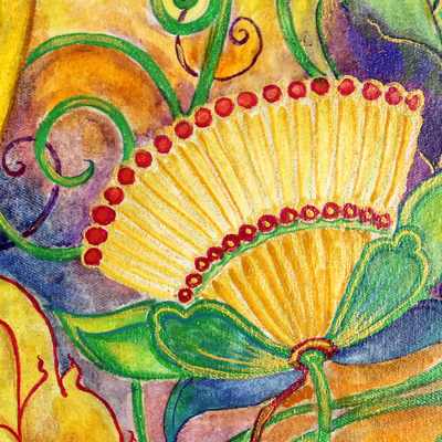 'Phuttha Bucha' - Pintura expresionista estirada firmada de Buda floral