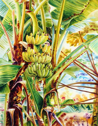 Signed Watercolor Realist Painting of Banana Trees, 'Thai Banana'