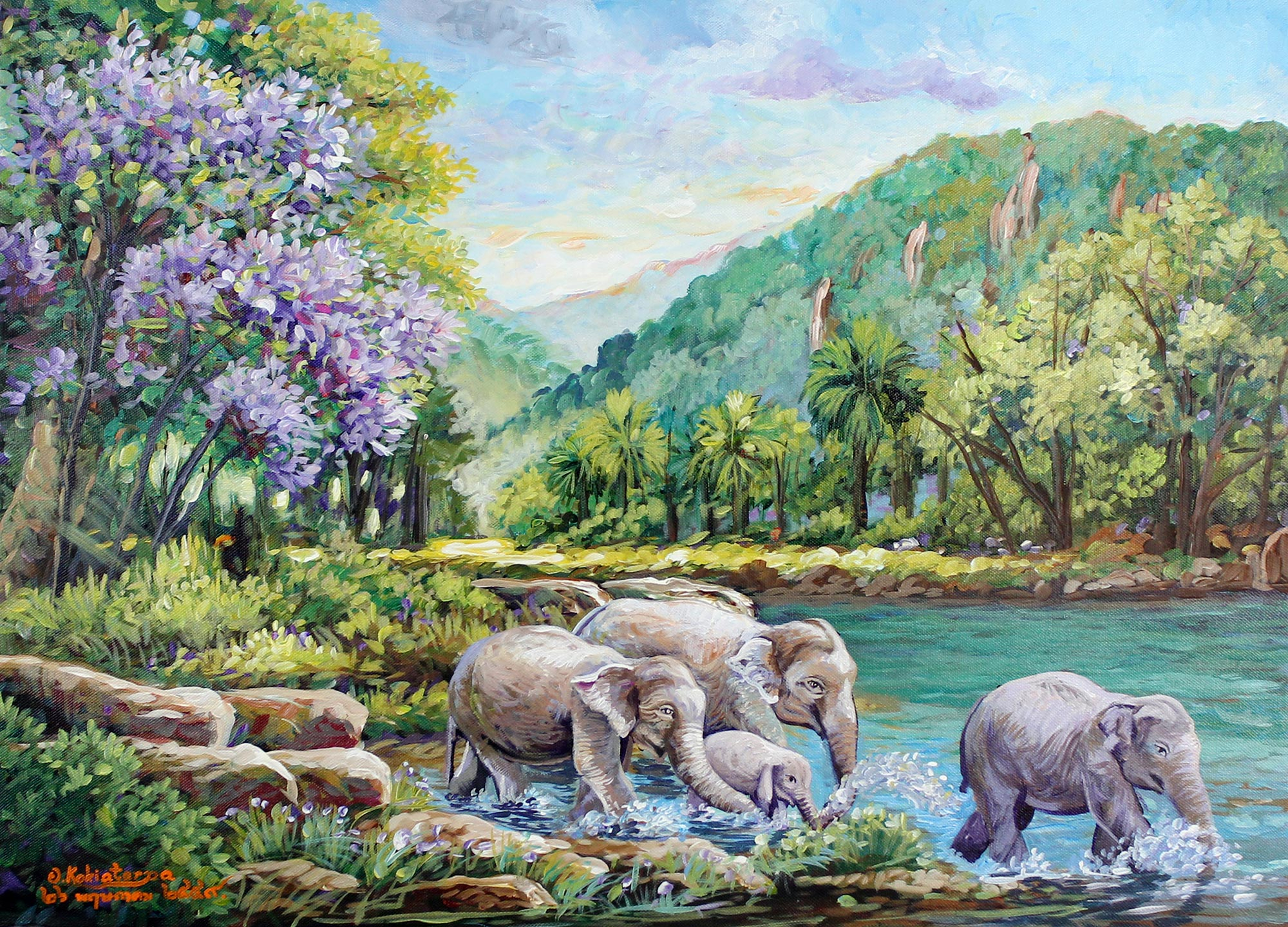 UNICEF Market Signed Thai Impressionist Painting Of Elephants In   P282037 2a 