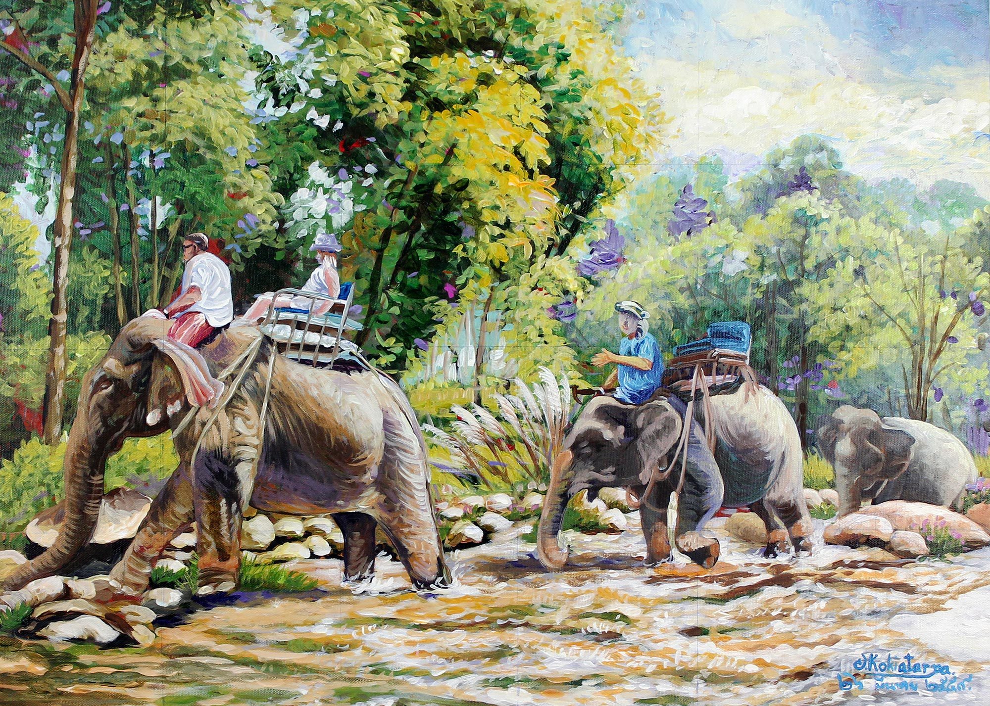 Signed Thai Impressionist Painting of Elephant and Trees Travel with